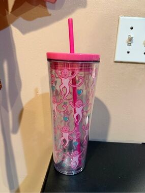 Starbucks Pink Monkey Pattern Double-Wall Tumbler with Straw